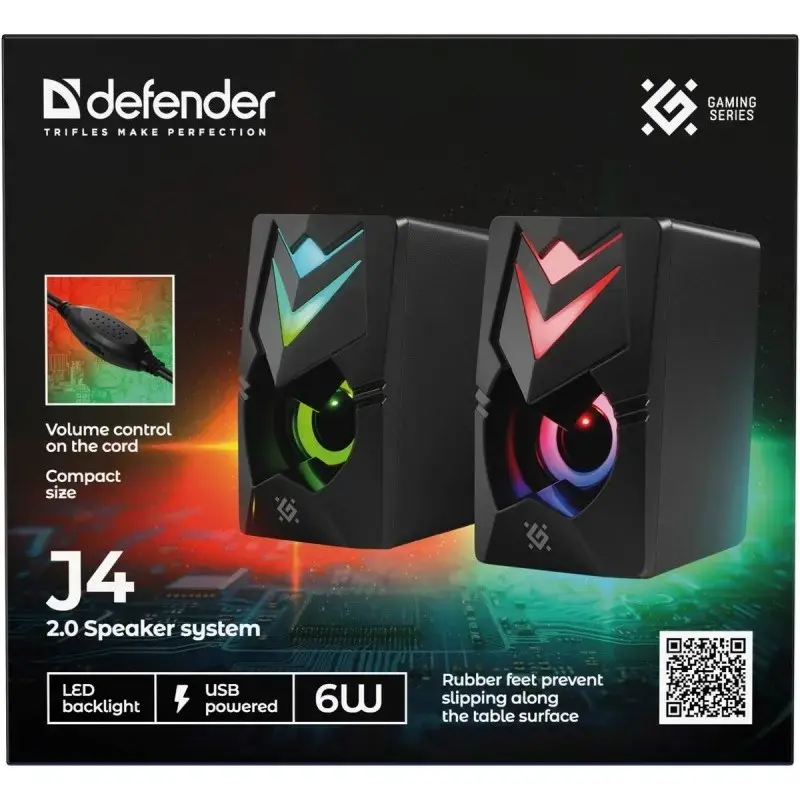 Altifalantes para PC DEFENDER J4 2.0 6W LED USB, 3,5 mm, 90–20000 Hz, preto