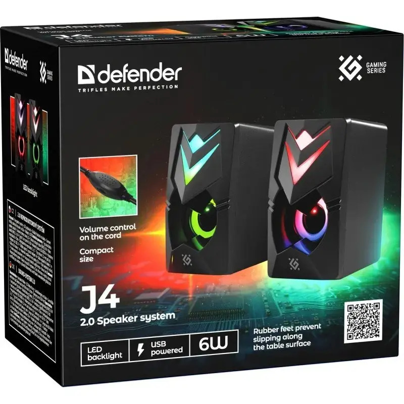 Altifalantes para PC DEFENDER J4 2.0 6W LED USB, 3,5 mm, 90–20000 Hz, preto