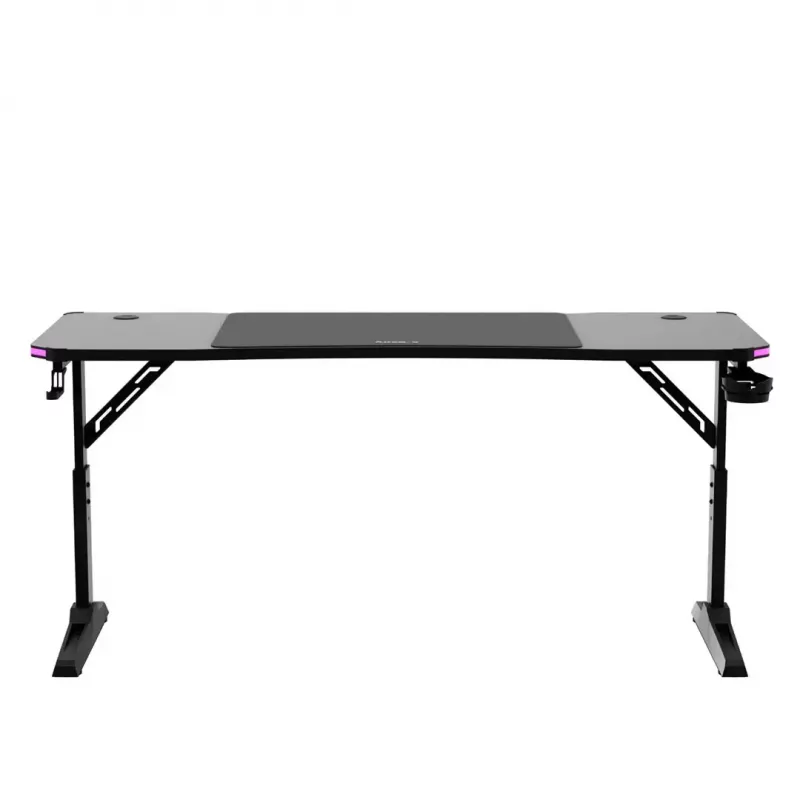 Secretária gaming huzaro Hero 4.6 RGB — tampo retangular preto 1600×600 mm, altura 560–790 mm, pernas em H, iluminação RGB