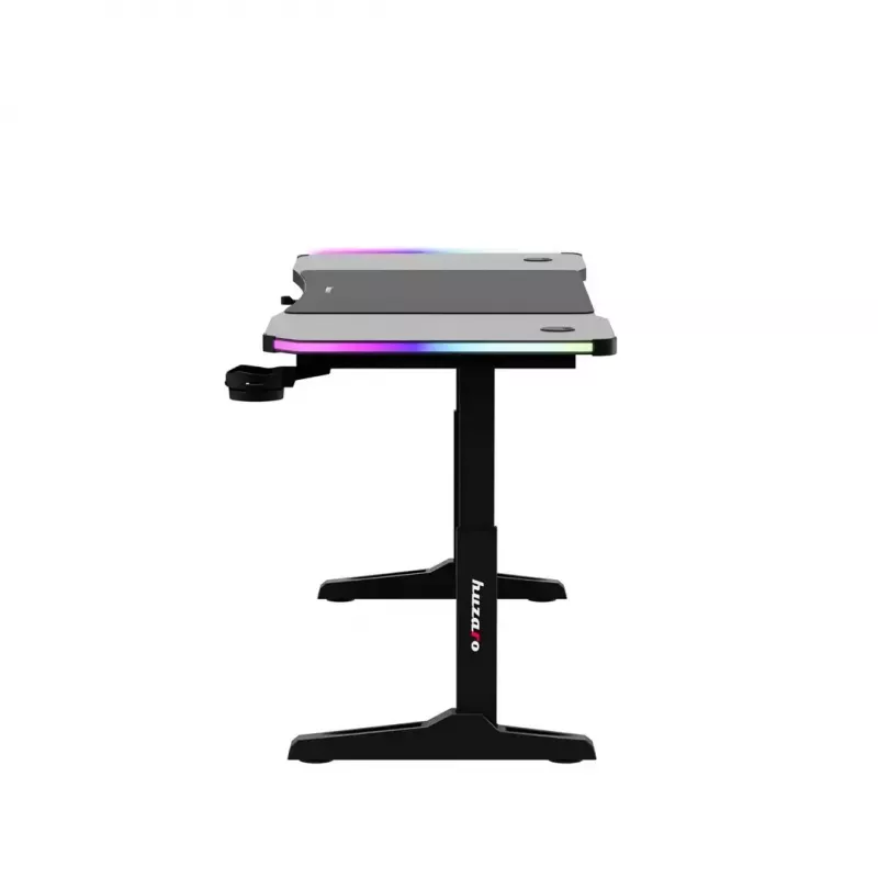 Secretária gaming huzaro Hero 4.6 RGB — tampo retangular preto 1600×600 mm, altura 560–790 mm, pernas em H, iluminação RGB