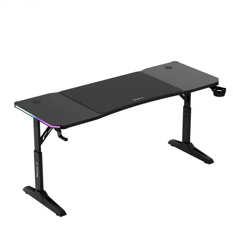 Secretária gaming huzaro Hero 4.6 RGB — tampo retangular preto 1600×600 mm, altura 560–790 mm, pernas em H, iluminação RGB
