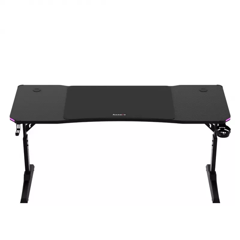 Secretária gaming huzaro Hero 4.6 RGB — tampo retangular preto 1600×600 mm, altura 560–790 mm, pernas em H, iluminação RGB