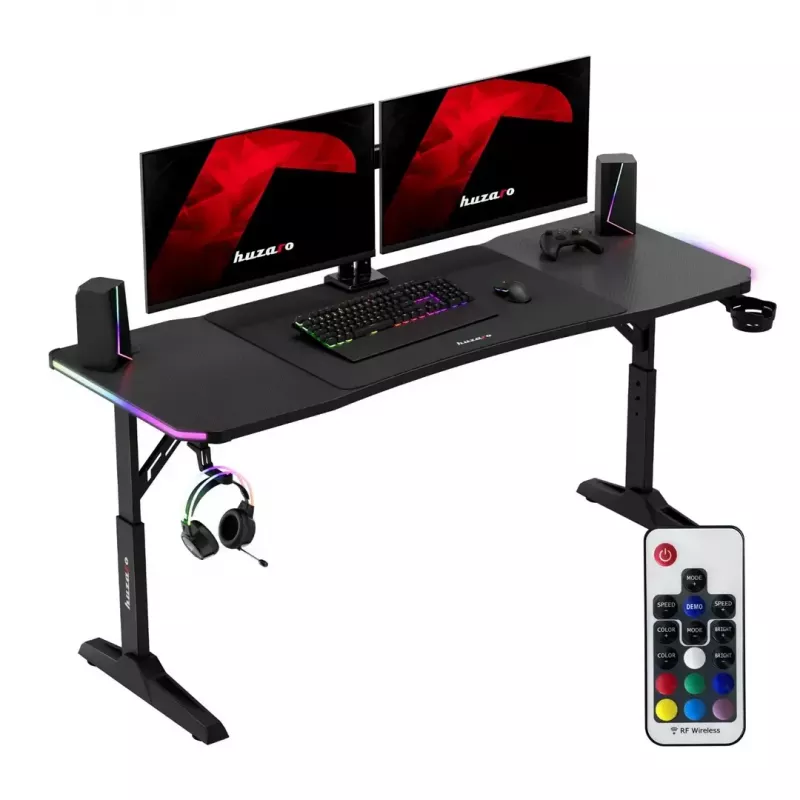 Secretária gaming huzaro Hero 4.6 RGB — tampo retangular preto 1600×600 mm, altura 560–790 mm, pernas em H, iluminação RGB