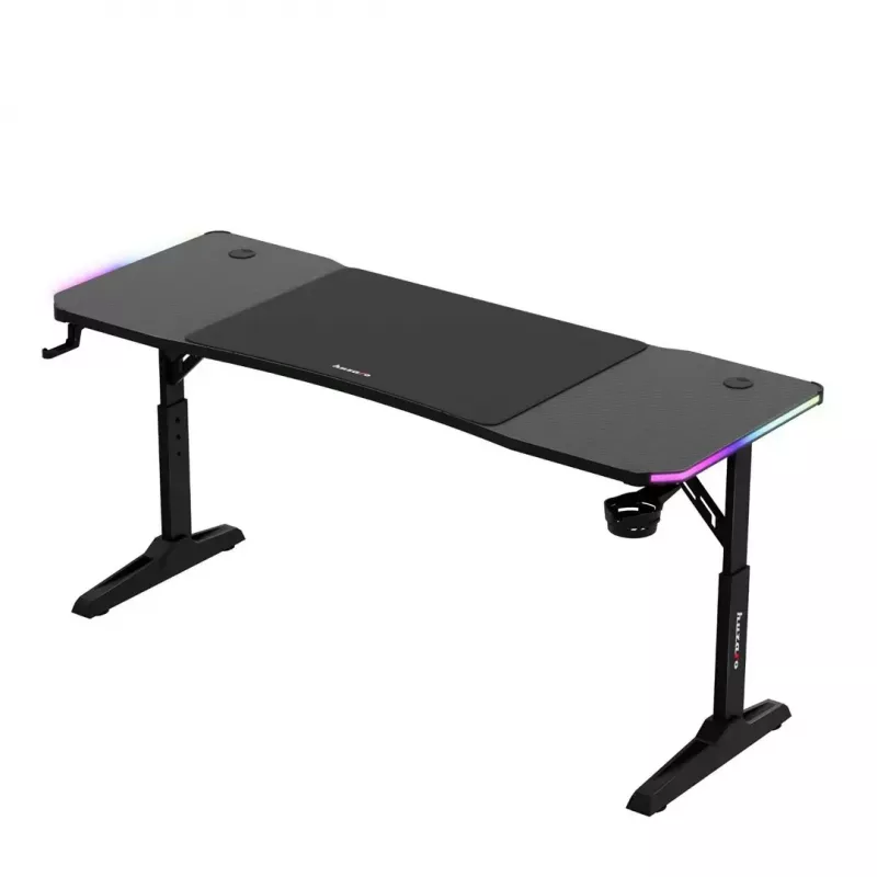 Secretária gaming huzaro Hero 4.6 RGB — tampo retangular preto 1600×600 mm, altura 560–790 mm, pernas em H, iluminação RGB