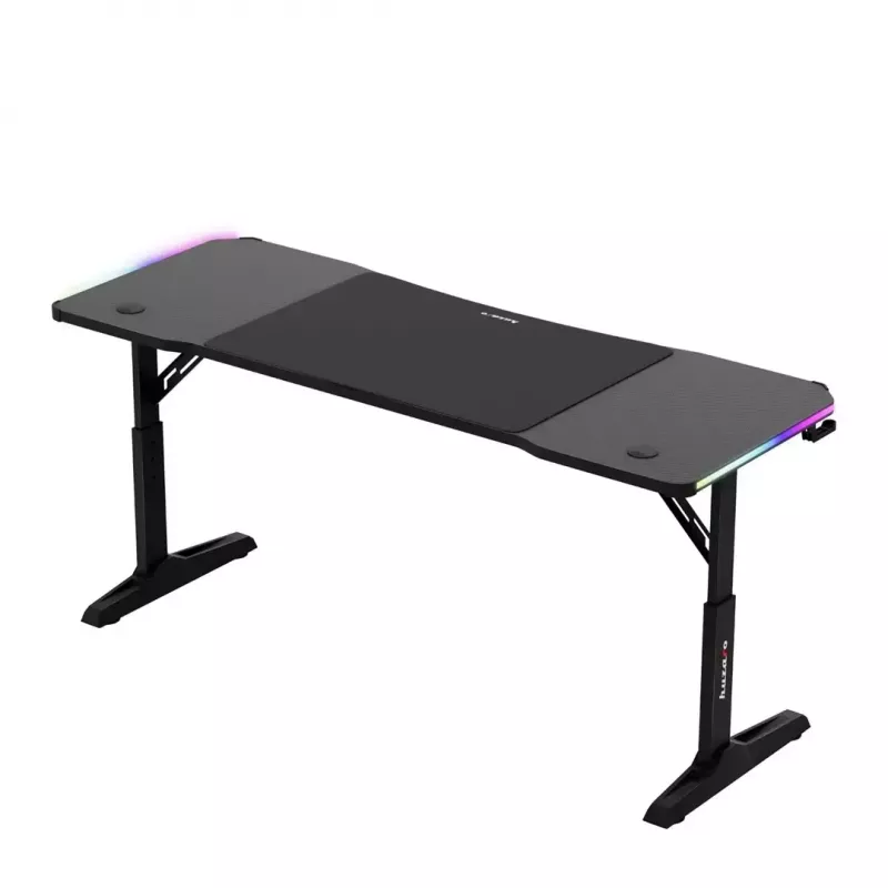 Secretária gaming huzaro Hero 4.6 RGB — tampo retangular preto 1600×600 mm, altura 560–790 mm, pernas em H, iluminação RGB
