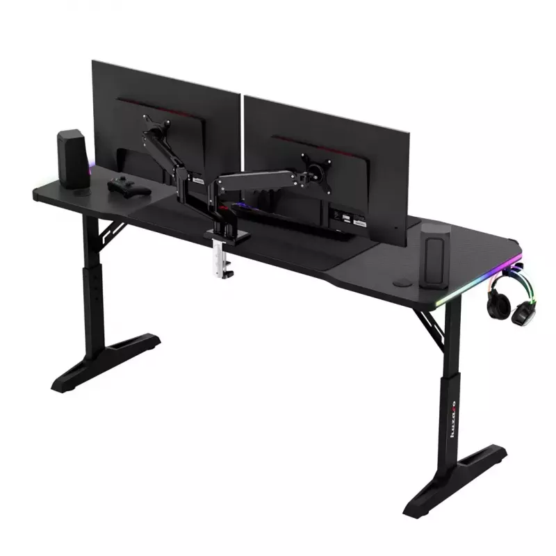 Secretária gaming huzaro Hero 4.6 RGB — tampo retangular preto 1600×600 mm, altura 560–790 mm, pernas em H, iluminação RGB