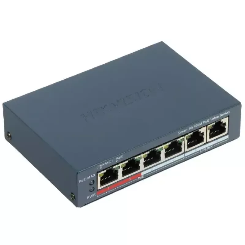 Switch de rede Hikvision DS-3E1106P-EI — switch Ethernet PoE 6 portas, não gerido, 10/100 Mbit/s