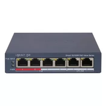 Switch de rede Hikvision DS-3E1106P-EI — switch Ethernet PoE 6 portas, não gerido, 10/100 Mbit/s