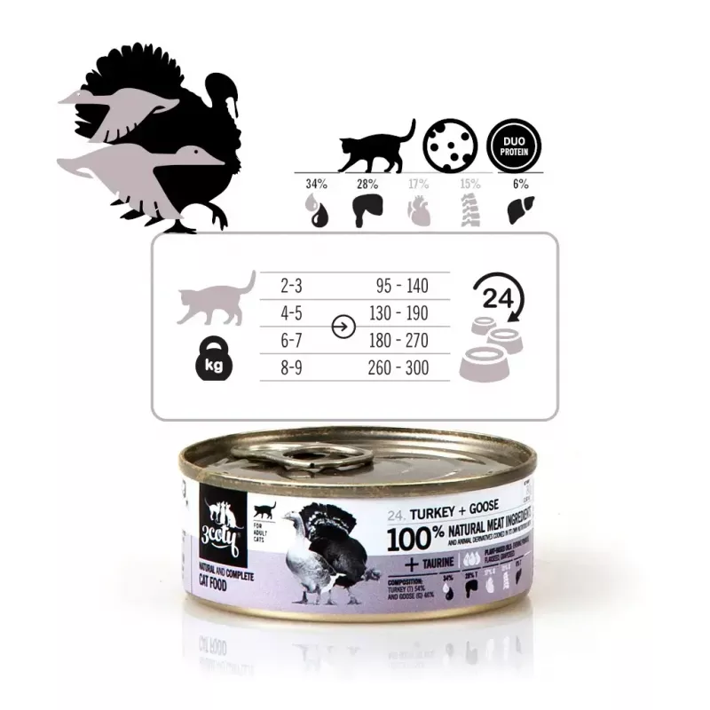 3COTY comida húmida para gatos adultos com peru e ganso, 80 g