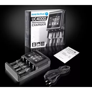 Carregador de pilhas everActive UC-4000 para pilhas domésticas AA/AAA, 4 slots, 100–240 V, preto