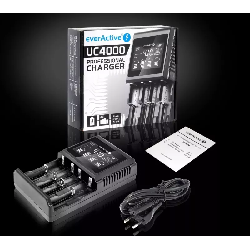 Carregador de pilhas everActive UC-4000 para pilhas domésticas AA/AAA, 4 slots, 100–240 V, preto