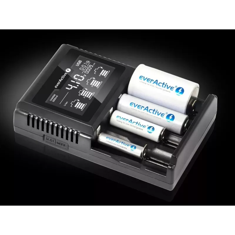 Carregador de pilhas everActive UC-4000 para pilhas domésticas AA/AAA, 4 slots, 100–240 V, preto