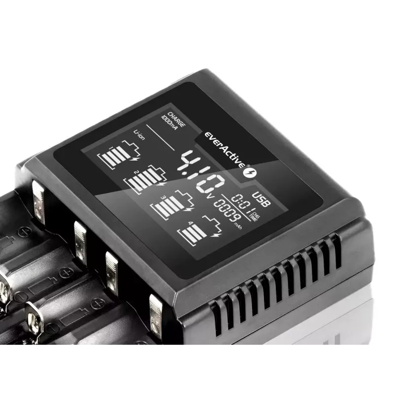 Carregador de pilhas everActive UC-4000 para pilhas domésticas AA/AAA, 4 slots, 100–240 V, preto