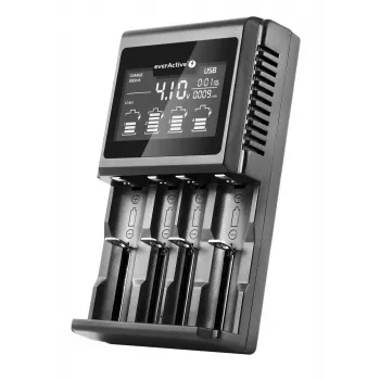 Carregador de pilhas everActive UC-4000 para pilhas domésticas AA/AAA, 4 slots, 100–240 V, preto