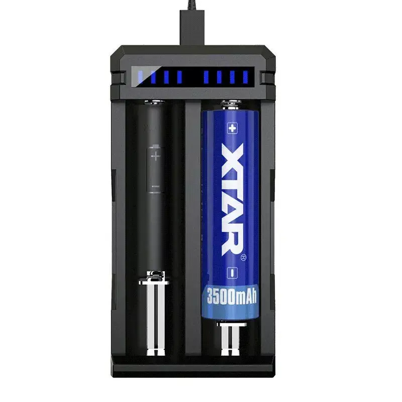 Carregador XTAR SC2 Li-Ion 18650 USB-C 2 slots, alimentação USB-C, indicadores LED, preto