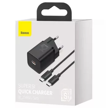 Carregador de interior Baseus TZCCSUP-L01, USB-C 1 porta, 18W, 100–240V AC, cabo de 1 m, preto