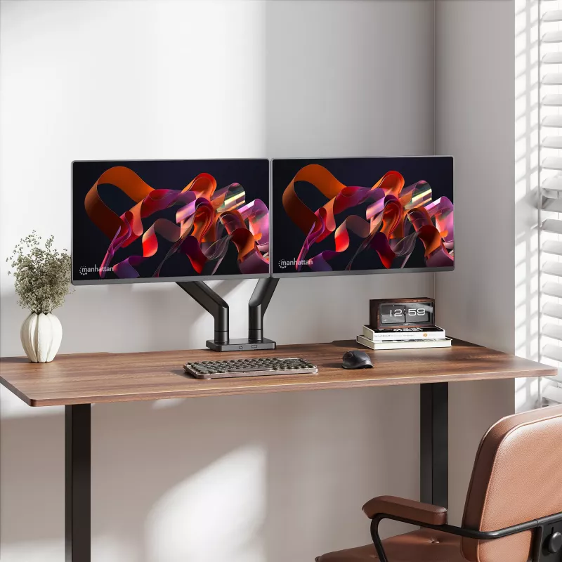Suporte de secretária Manhattan para TV e monitor, totalmente articulado, braço com mola, 2 ecrãs, 13–45