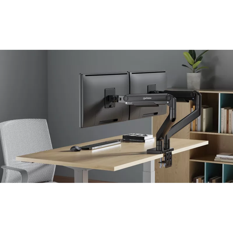 Suporte de secretária Manhattan para TV e monitor, totalmente articulado, braço com mola, 2 ecrãs, 13–45