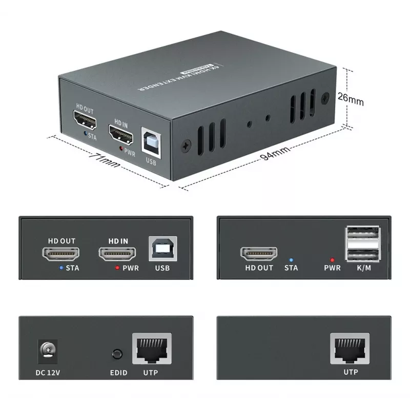 Kit de extensão AV (transmissor e recetor) LEVELONE HVE-8111, 3840x2160, Cat6, USB-A/USB-B, DC 12V (2 unidades)