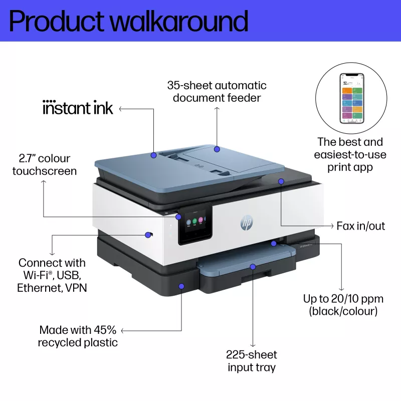 Impressora multifunções a cores sem fios HP OfficeJet Pro 8125e, Instant Ink; impressão frente e verso