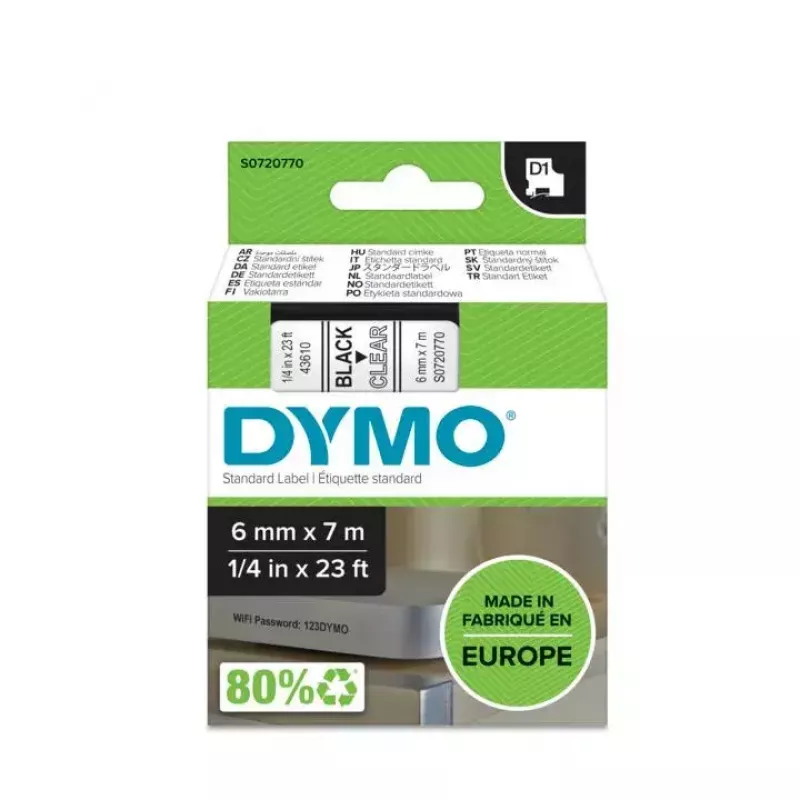 Etiquetas DYMO Authentic D1 | impressão preta em película transparente | 6 mm x 7 m | etiquetas autoadesivas para impressoras de etiquetas LabelManager | fabricado na Europa