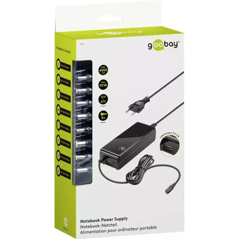 Goobay 81 W Fonte de alimentação para portátil, preto, 1,6 m, incl. USB e 8 adaptadores DC