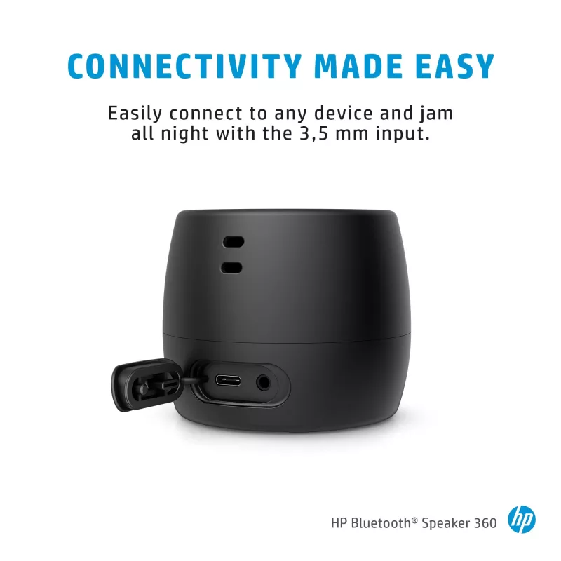 HP Altifalante Bluetooth 360 preto, com fio e sem fios, altifalante portátil mono, preto, cilíndrico, botões, universal