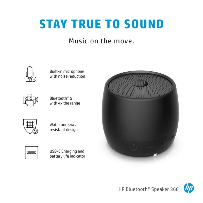 HP Altifalante Bluetooth 360 preto, com fio e sem fios, altifalante portátil mono, preto, cilíndrico, botões, universal
