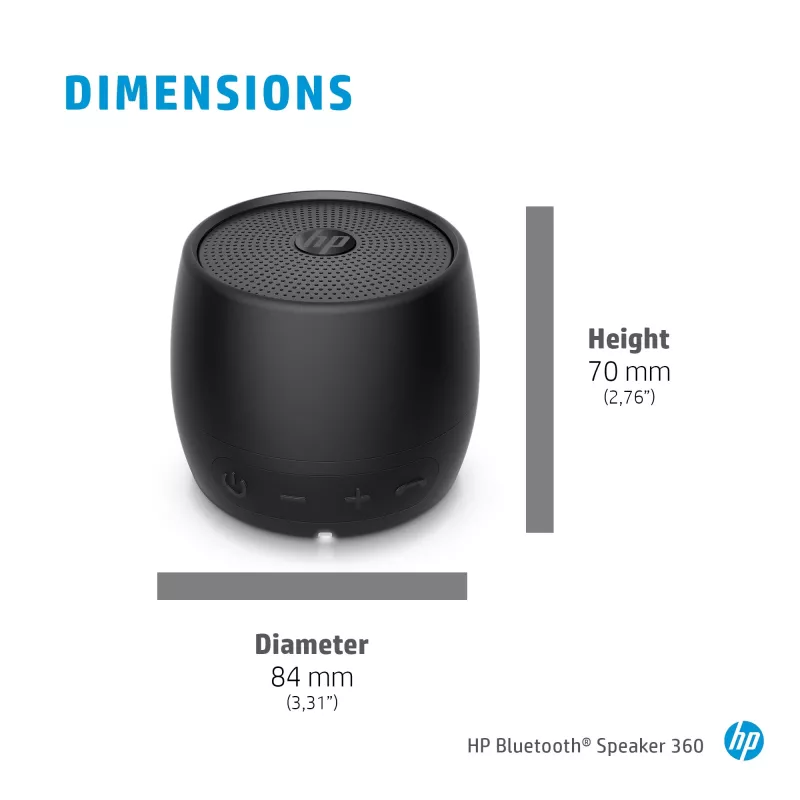 HP Altifalante Bluetooth 360 preto, com fio e sem fios, altifalante portátil mono, preto, cilíndrico, botões, universal