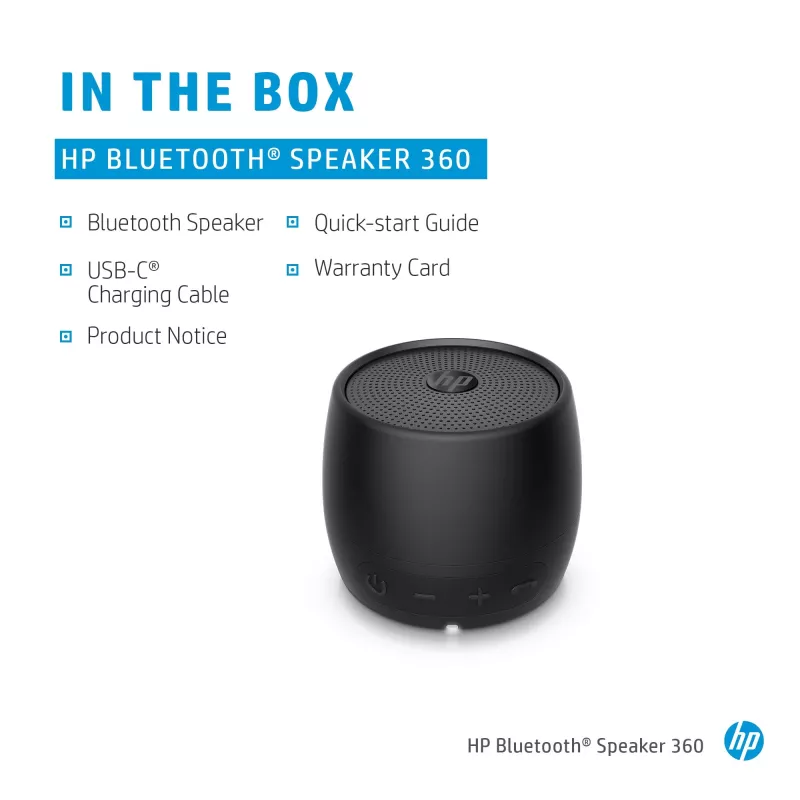 HP Altifalante Bluetooth 360 preto, com fio e sem fios, altifalante portátil mono, preto, cilíndrico, botões, universal