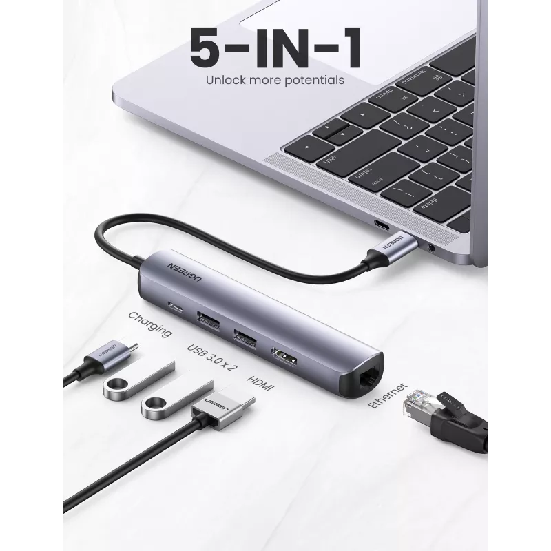 Ugreen CM418 10919 hub USB-C 5 em 1, HDMI 4K 30 Hz, Ethernet, USB 3.0, Power Delivery, alumínio, cinzento