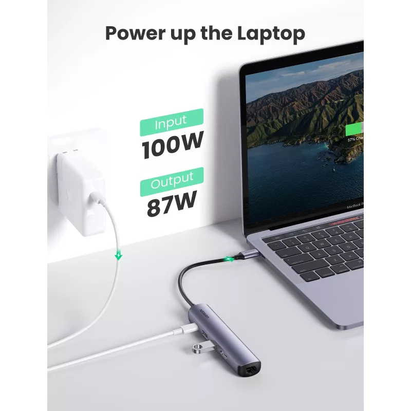 Ugreen CM418 10919 hub USB-C 5 em 1, HDMI 4K 30 Hz, Ethernet, USB 3.0, Power Delivery, alumínio, cinzento