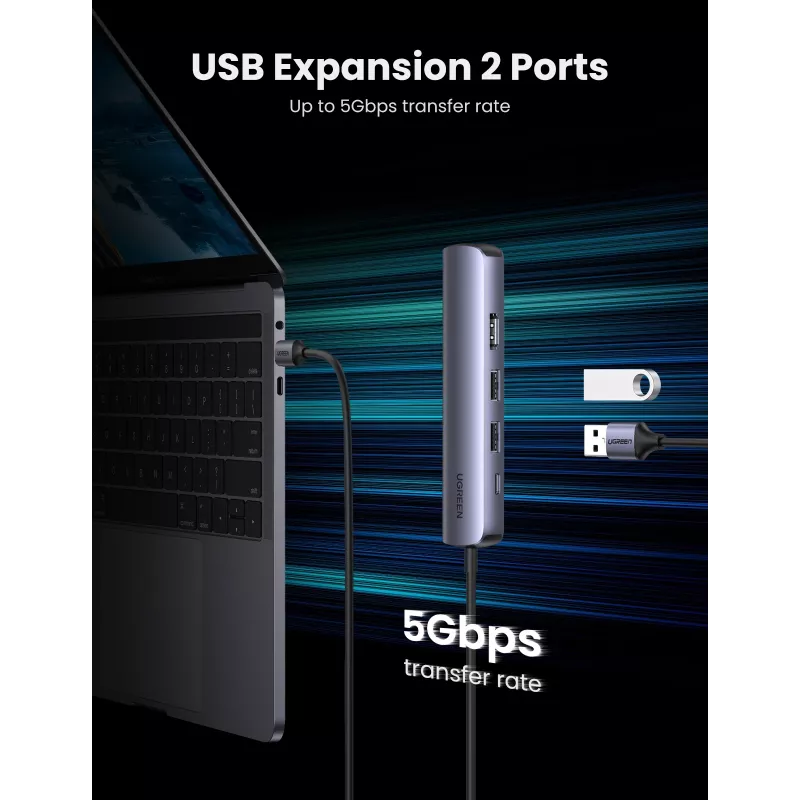Ugreen CM418 10919 hub USB-C 5 em 1, HDMI 4K 30 Hz, Ethernet, USB 3.0, Power Delivery, alumínio, cinzento