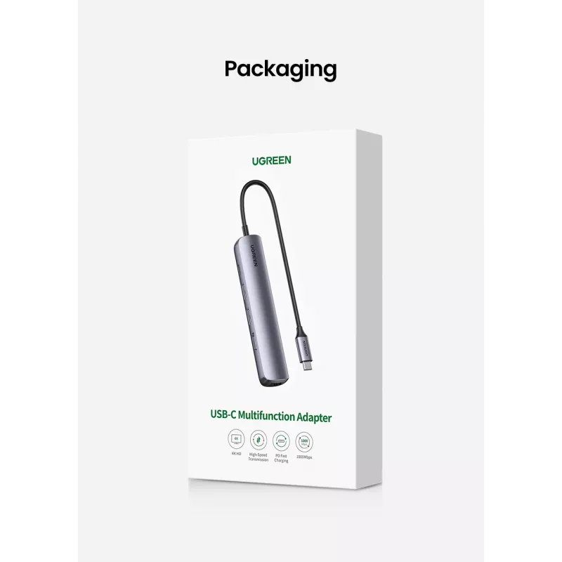 Ugreen CM418 10919 hub USB-C 5 em 1, HDMI 4K 30 Hz, Ethernet, USB 3.0, Power Delivery, alumínio, cinzento