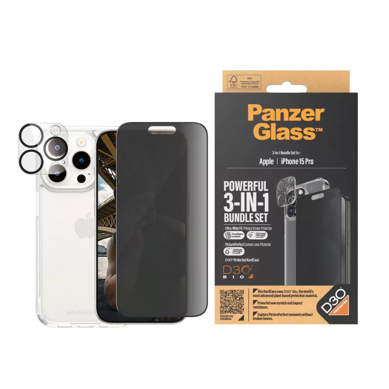 PanzerGlass Privacy pack 3 em 1 iPhone 15 Pro vidro temperado resistente a choques