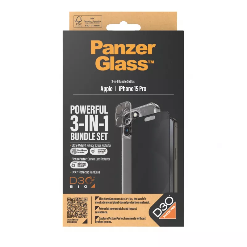 PanzerGlass Privacy pack 3 em 1 iPhone 15 Pro vidro temperado resistente a choques