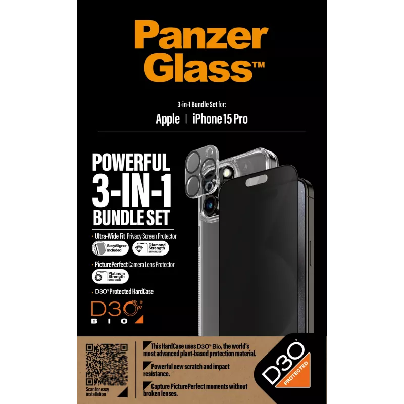 PanzerGlass Privacy pack 3 em 1 iPhone 15 Pro vidro temperado resistente a choques