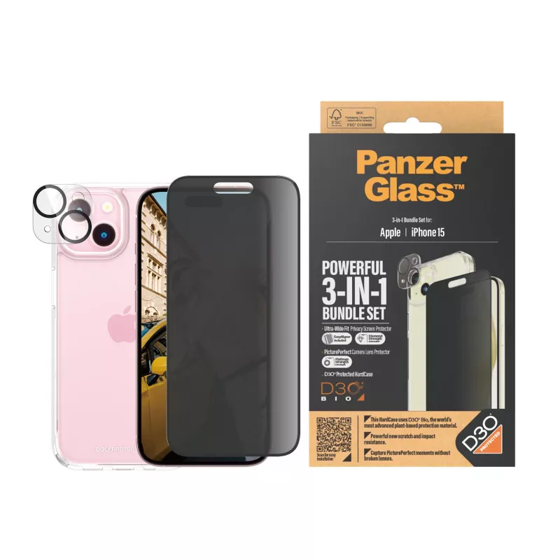 PanzerGlass ® Privacy pack 3 em 1 iPhone 15 vidro temperado resistente a choques
