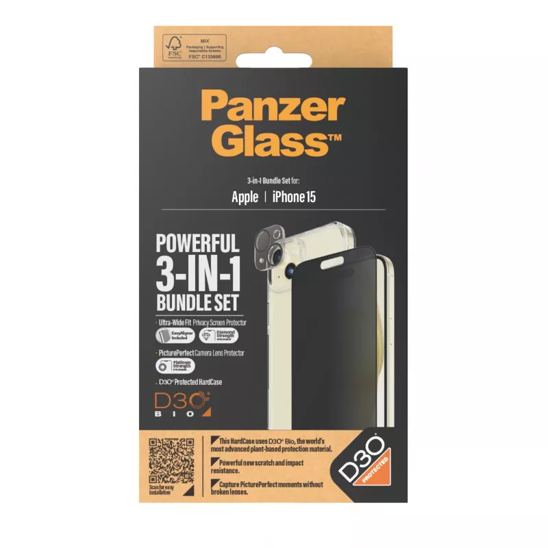 PanzerGlass ® Privacy pack 3 em 1 iPhone 15 vidro temperado resistente a choques