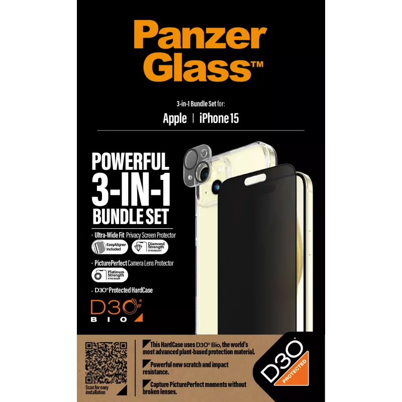 PanzerGlass ® Privacy pack 3 em 1 iPhone 15 vidro temperado resistente a choques