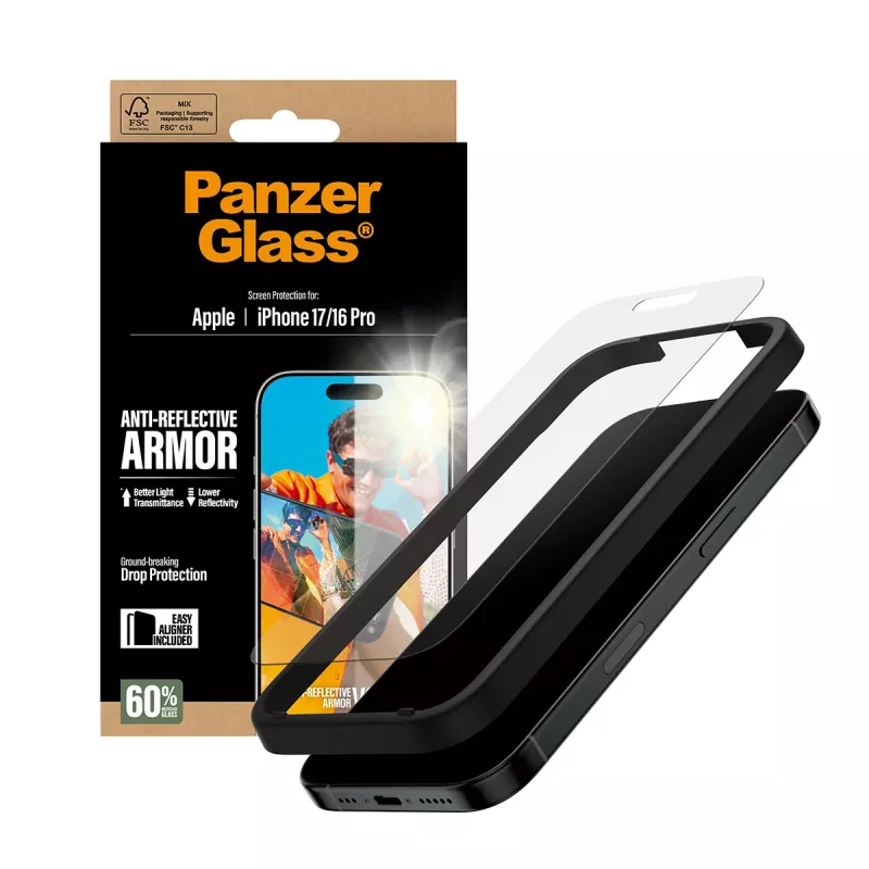 Película de proteção de ecrã PanzerGlass Anti-Reflective Armor iPhone 17 iPhone 16 Pro resistente a riscos e choques