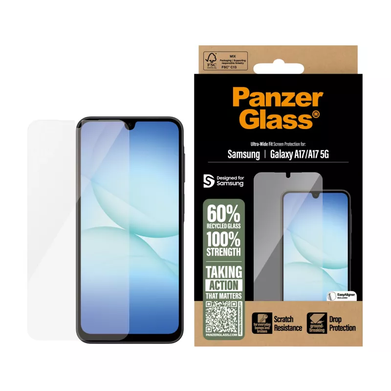 Película de proteção de ecrã PanzerGlass para Samsung Galaxy A17 / A17 5G — Ultra-Wide Fit, PET+silício, resistente a riscos e impactos