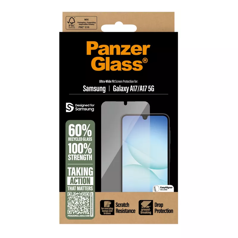 Película de proteção de ecrã PanzerGlass para Samsung Galaxy A17 / A17 5G — Ultra-Wide Fit, PET+silício, resistente a riscos e impactos