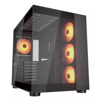 Caixa PC Midi-Tower COUGAR FV150 ARGB — Preto, ATX/MicroATX/Mini-ITX, 3x120 mm frente + 1x120 mm traseira, 2x3,5 polegadas & 2x2,5 polegadas baías