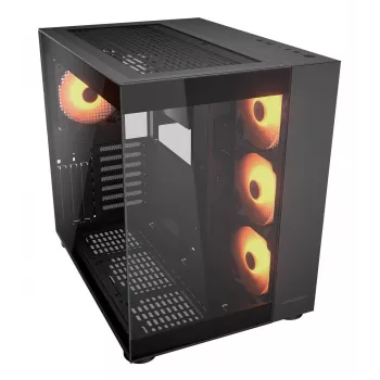 Caixa PC Midi-Tower COUGAR FV150 ARGB — Preto, ATX/MicroATX/Mini-ITX, 3x120 mm frente + 1x120 mm traseira, 2x3,5 polegadas & 2x2,5 polegadas baías