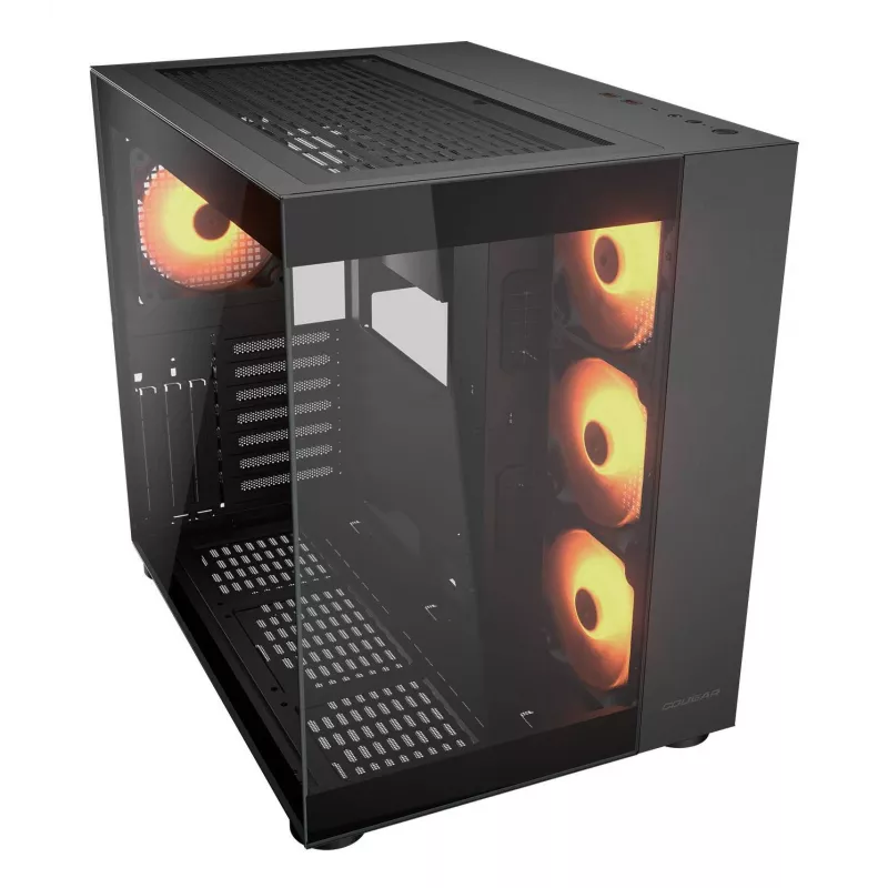 Caixa PC Midi-Tower COUGAR FV150 ARGB — Preto, ATX/MicroATX/Mini-ITX, 3x120 mm frente + 1x120 mm traseira, 2x3,5 polegadas & 2x2,5 polegadas baías