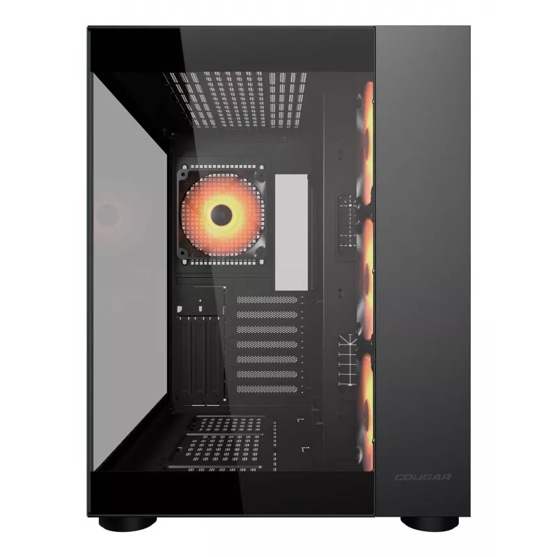 Caixa PC Midi-Tower COUGAR FV150 ARGB — Preto, ATX/MicroATX/Mini-ITX, 3x120 mm frente + 1x120 mm traseira, 2x3,5 polegadas & 2x2,5 polegadas baías