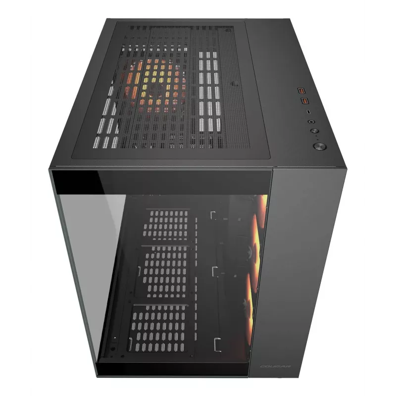 Caixa PC Midi-Tower COUGAR FV150 ARGB — Preto, ATX/MicroATX/Mini-ITX, 3x120 mm frente + 1x120 mm traseira, 2x3,5 polegadas & 2x2,5 polegadas baías