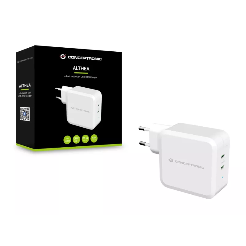 Conceptronic ALTHEA Carregador 2 portas 100W GaN USB-C PD, Interior, Corrente alternada, 5 V, 5 A, Branco
