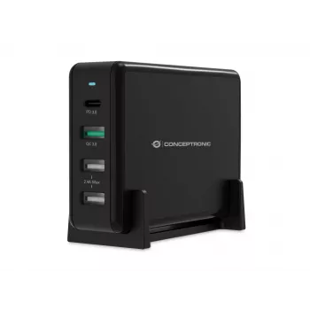 Conceptronic OZUL Carregador de secretária 4 portas 65W USB PD, Interior, AC, 5 V, Preto